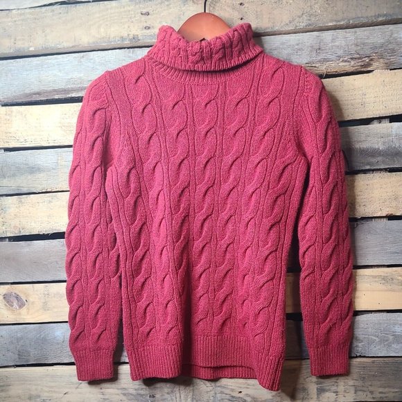LL Bean Pullover Sweater Women Sm Burgandy Turtleneck Cable Knit Chunky 60% Wool - Picture 2 of 8